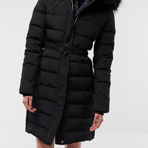 NEW EXPRESS Black Long Down Belted Smocked Puffer Jacket Coat XXS - Picture 9 of 10